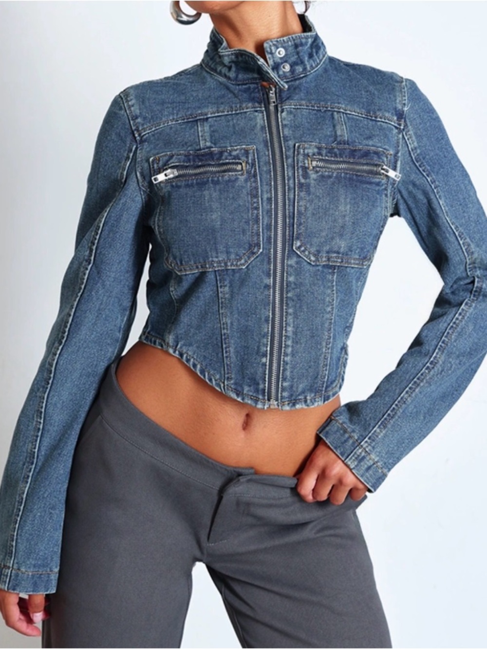 PrettyLittleThing Blue Cropped Denim Zip-Up Jacket
